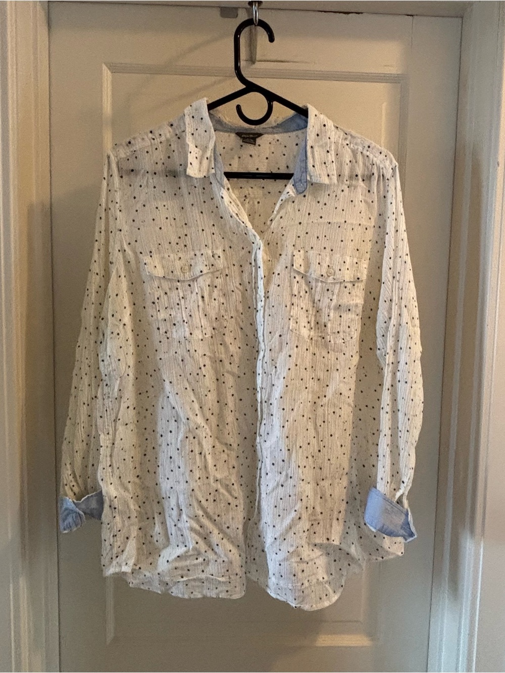 Eddie Bauer White Blouse with Navy Dot Print